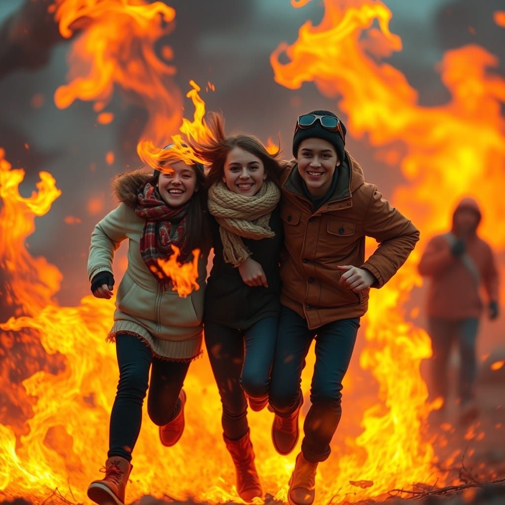 Friends Running Through Fiery Landscape in Energetic Style