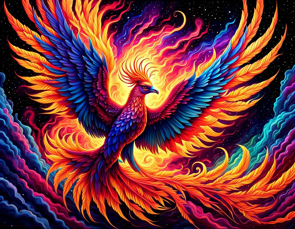 Phoenix Rising: Holographic Astral Illustration