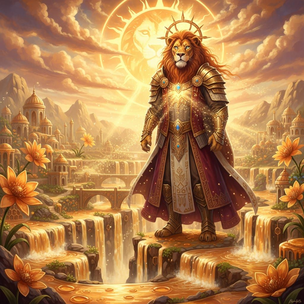 Majestic Lion King in Sun-Drenched Golden Kingdom