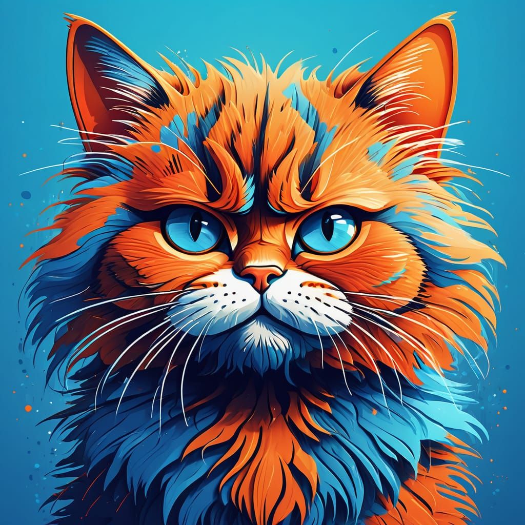 Angry Cartoon Cat Watches with Fluffed Fur