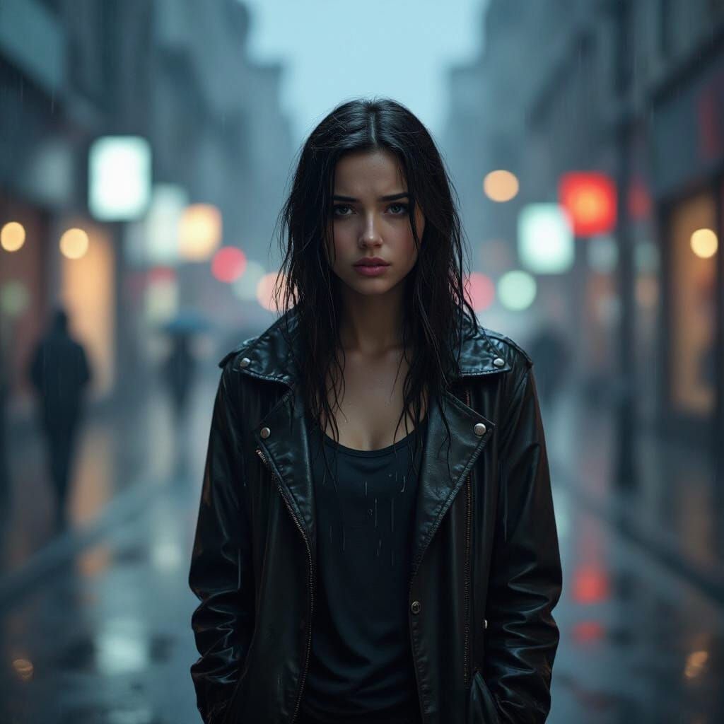 Rainy Cityscape: A Woman's Fear in Gritty Realism