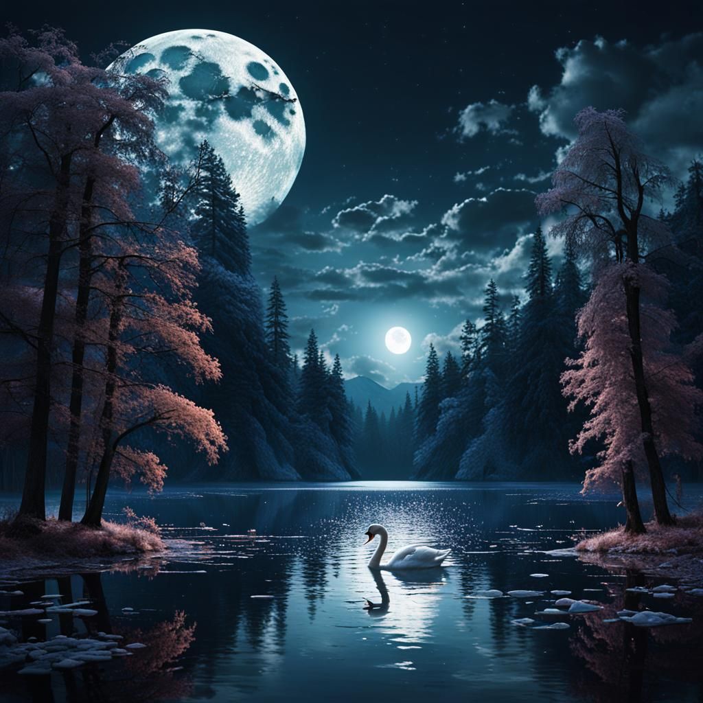 Epic Full Moon Swan Lake Digital Painting