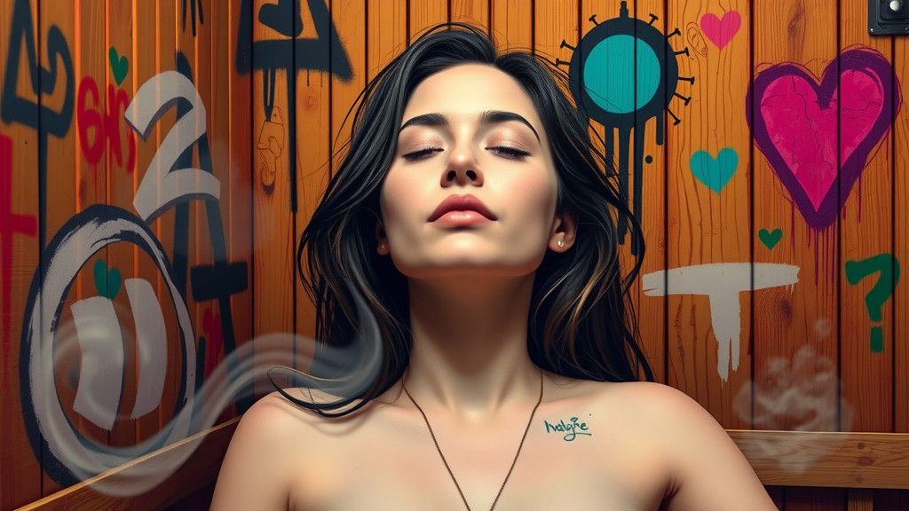 Woman Relaxing in Sauna with Polychromatic Graffiti Art