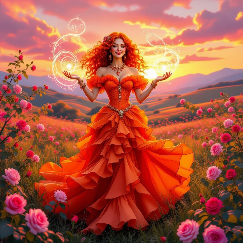 Enchantress in Orange Gown in Pink Rose Garden