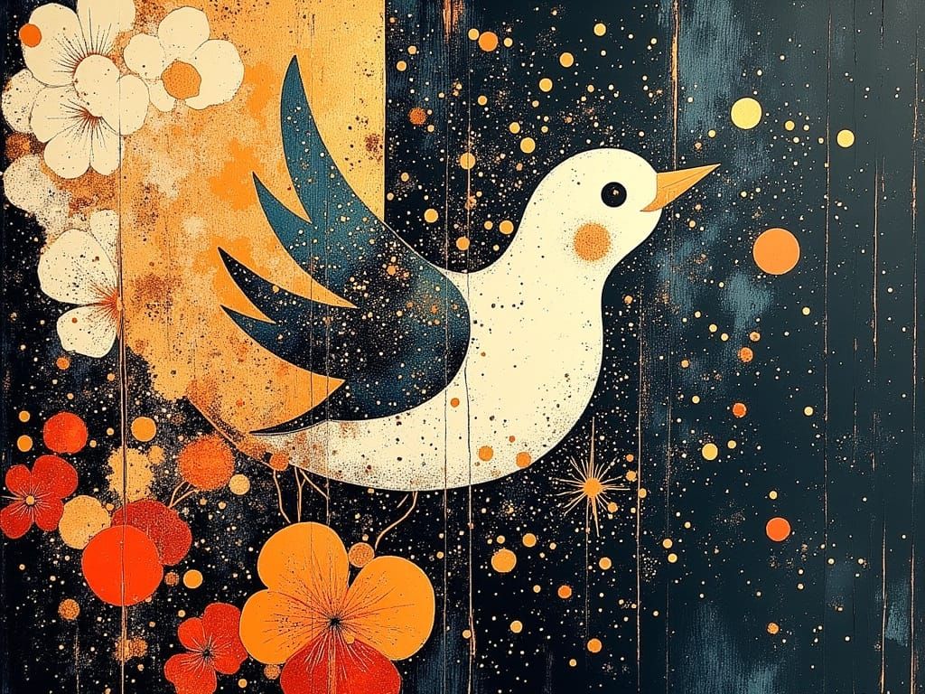 Fireworks Bloom with Cubist Bird, Expressionist Style