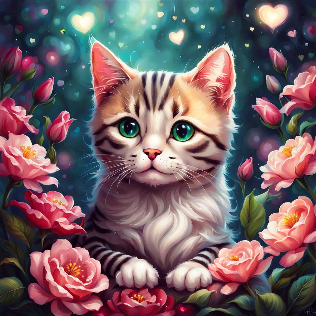 Cute Cat Surrounded by Flowers: Digital Illustration