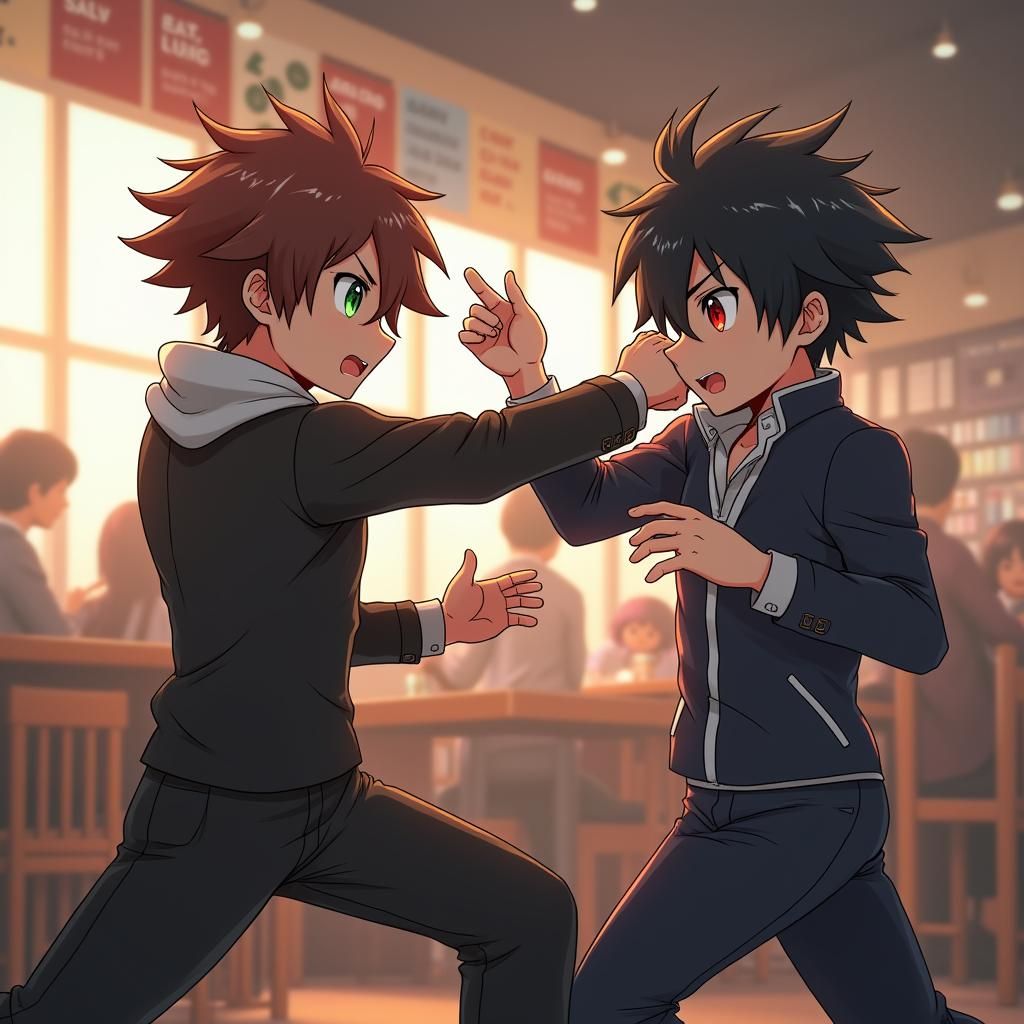 Anime Boys Fighting in Manga Cafe