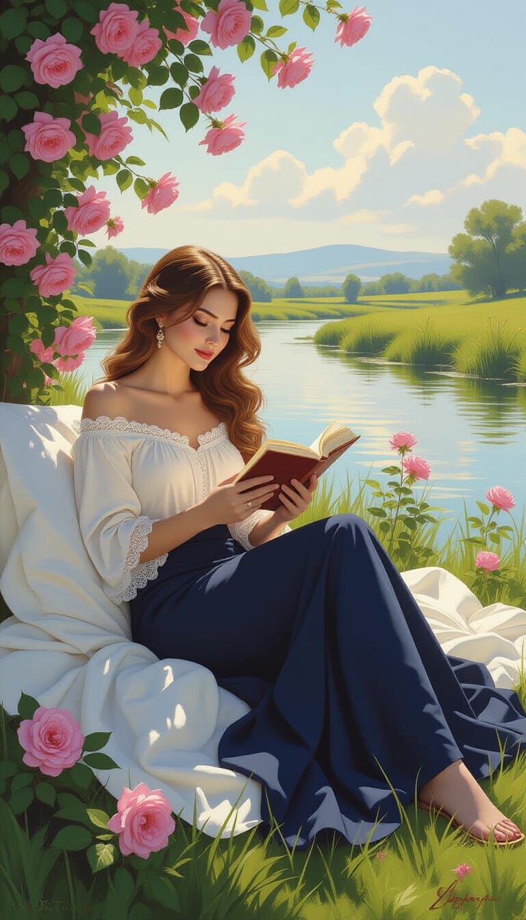 Woman Reading by River in Sfumato Oil Paint