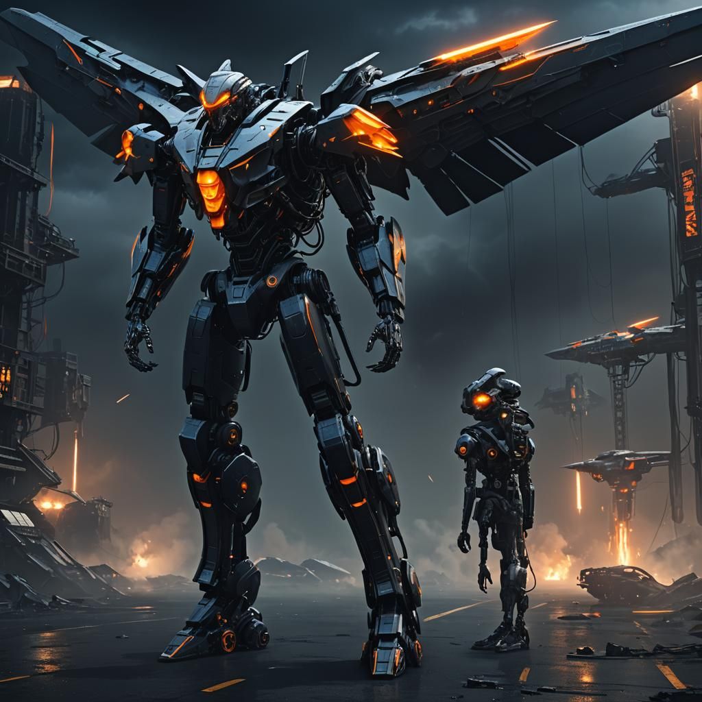 Giant Robotic Exoskeleton with Jet Wings: Matte Painting