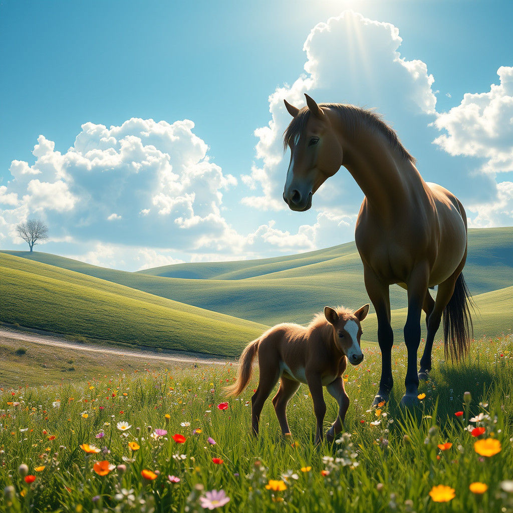 Majestic Mother Horse and Calf in Lush Meadow
