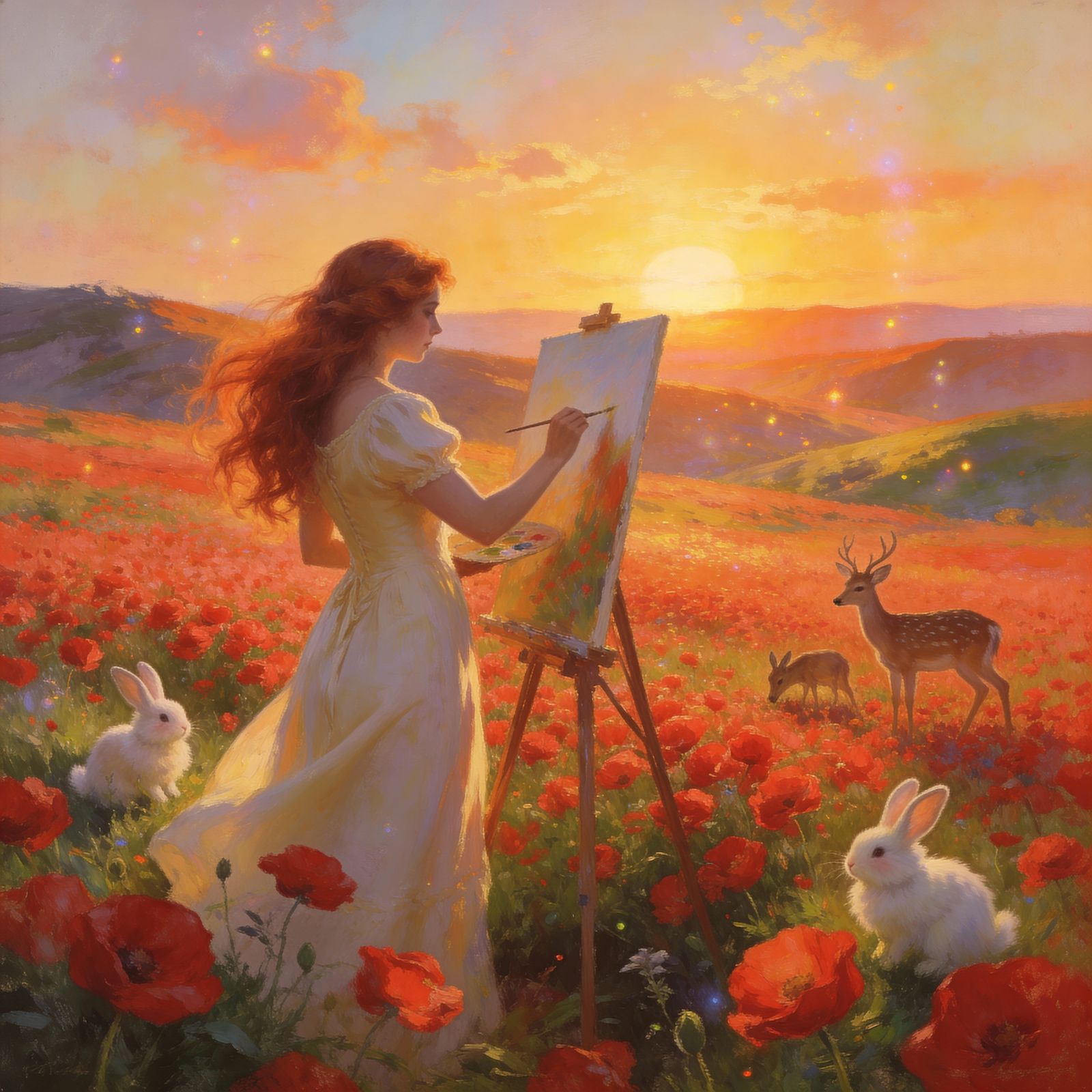 Woman Painting at Magical Sunset in Flower Field