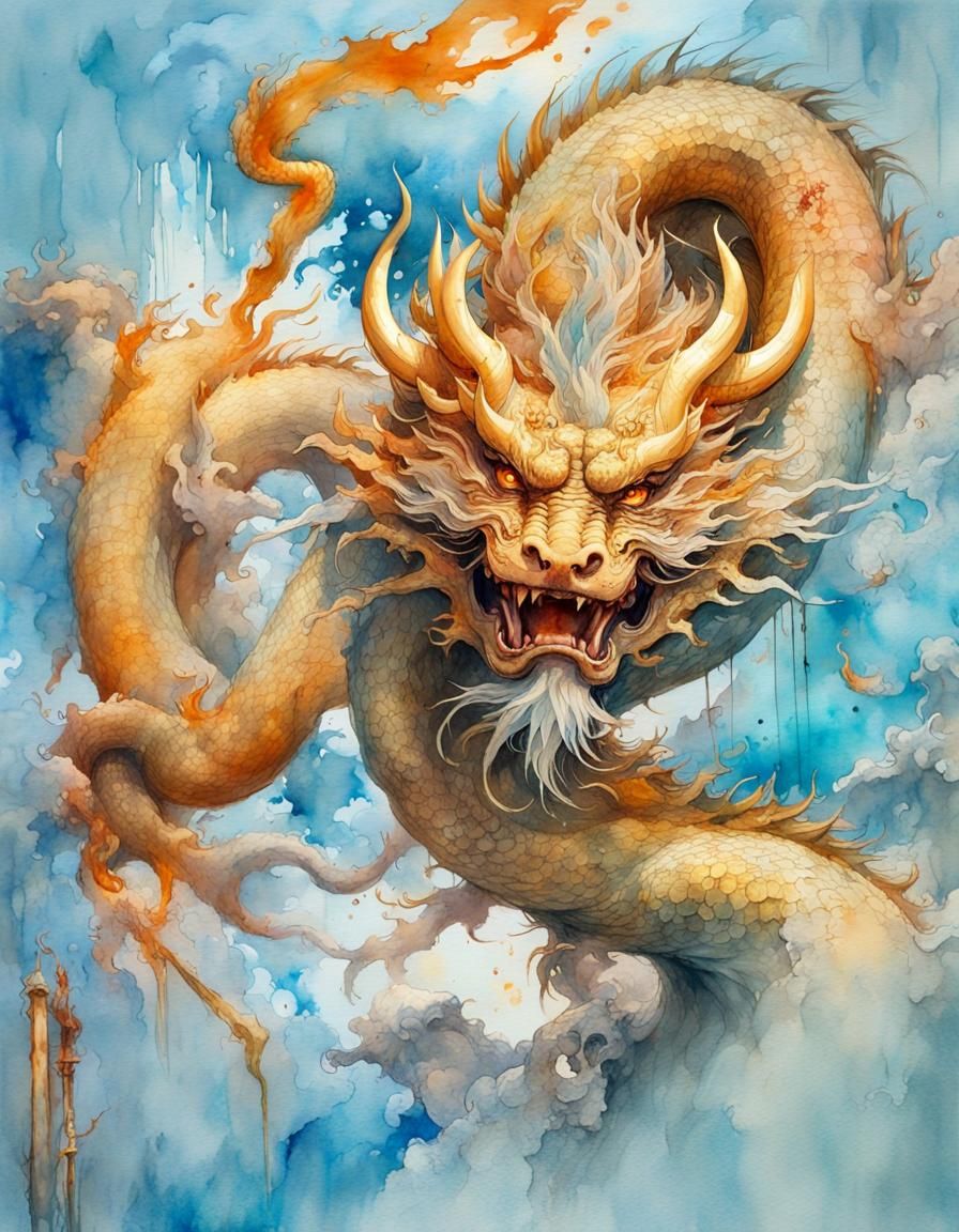 Chinese Dragon in Stylized Watercolor Painting