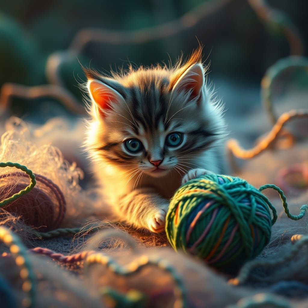 Kitten Chases Vibrant Ball of Wool in Whimsical Dreamscape