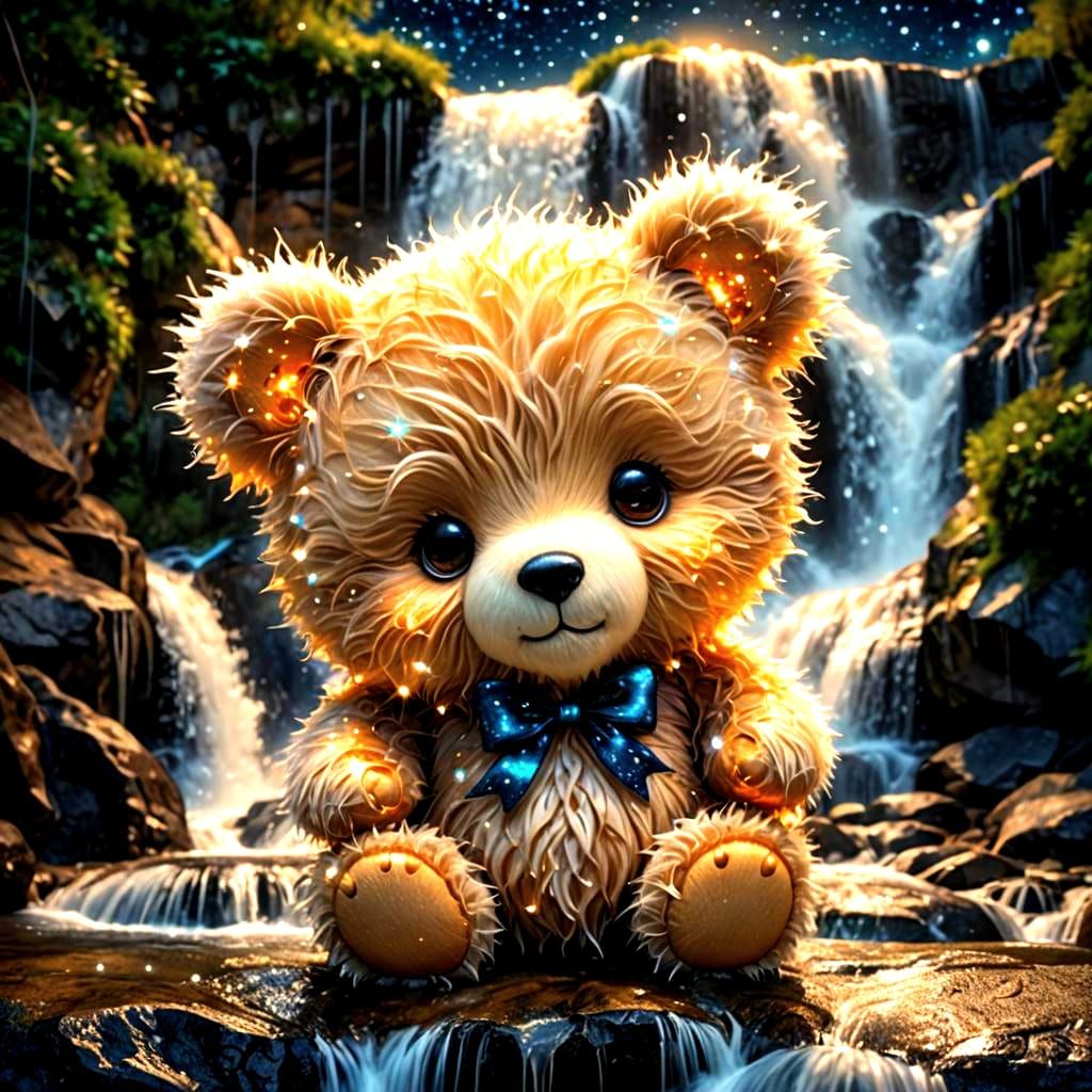 Chibi Bear Constellation Above Bioluminescent Waterfall
