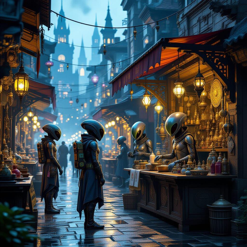 Alien Vendors in Dark Fantasy Cityscape