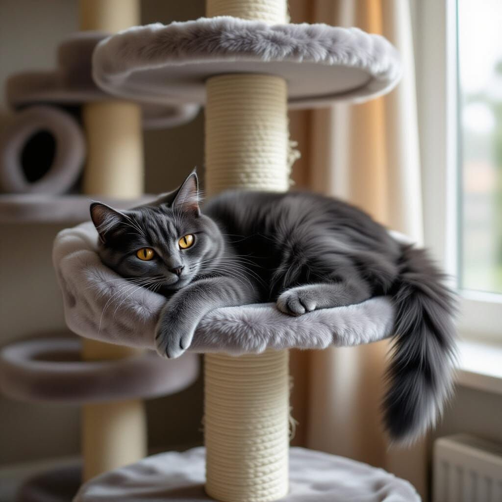 Skinny Grey Cat Lounging on Tall Cat Tree