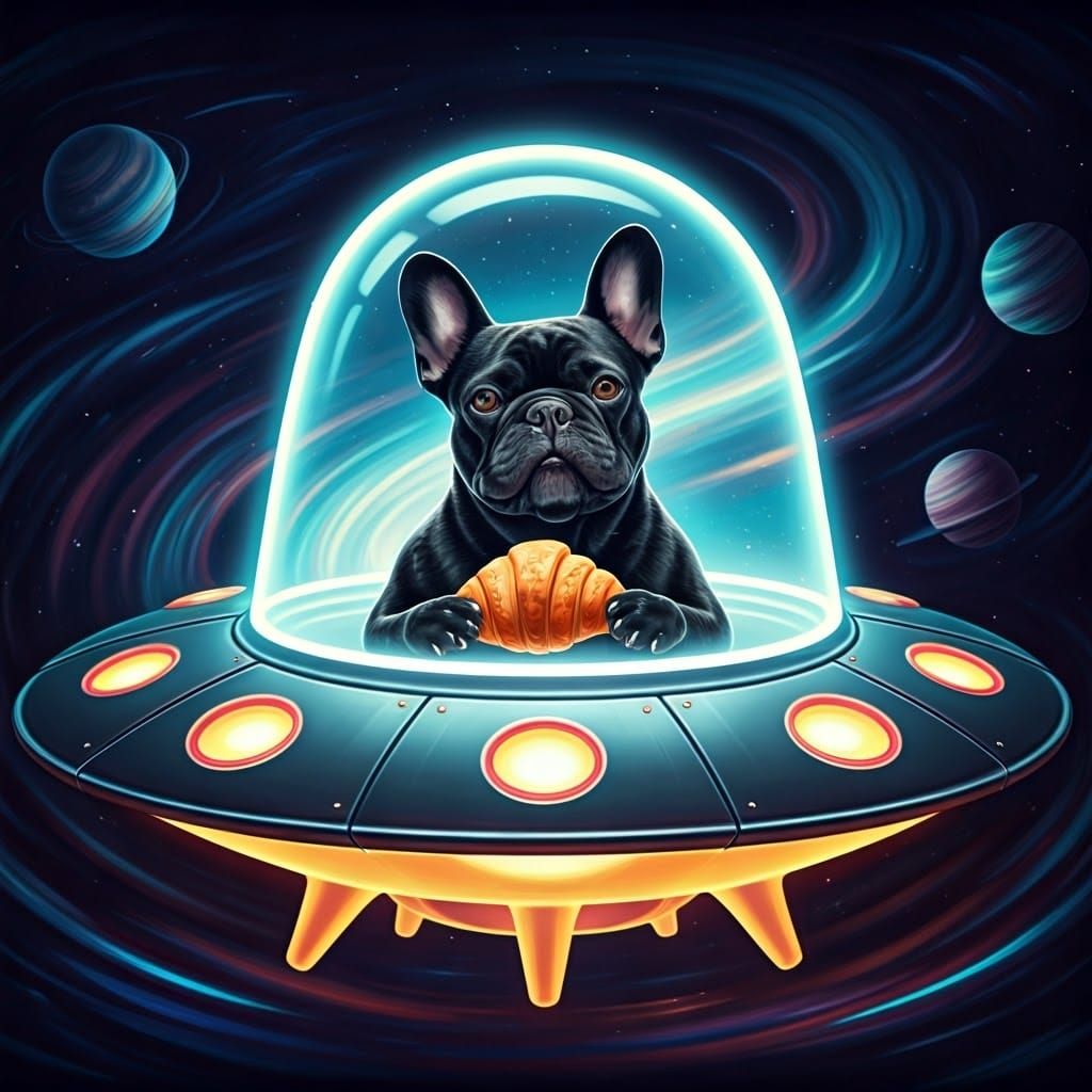 Majestic Frenchie in a Vibrant Cosmic UFO Scene