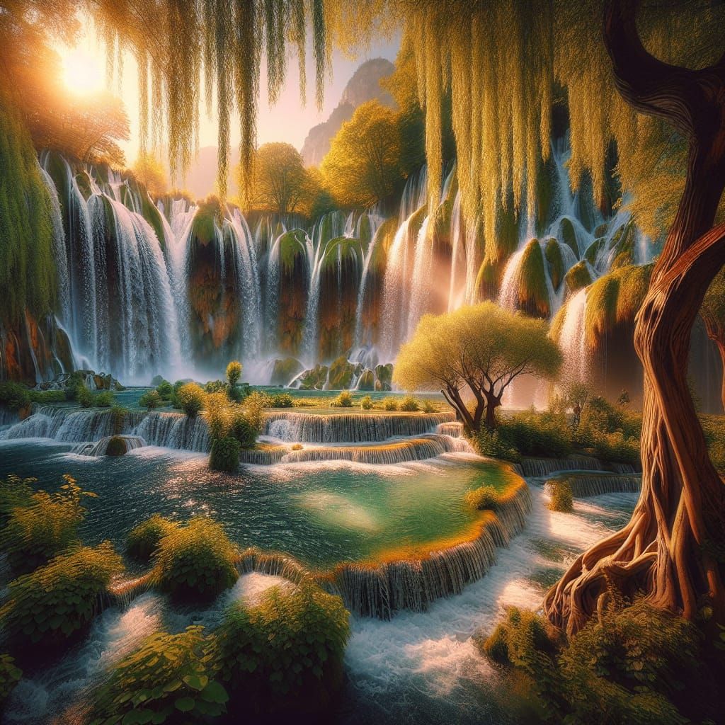 Idyllic Waterfall Scene with Weeping Willows