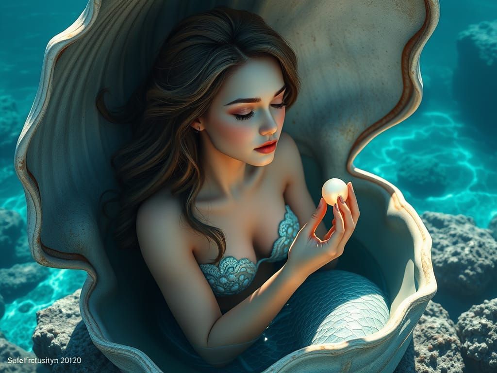 Serene Mermaid in Majestic Shell, Digital Hyperrealism