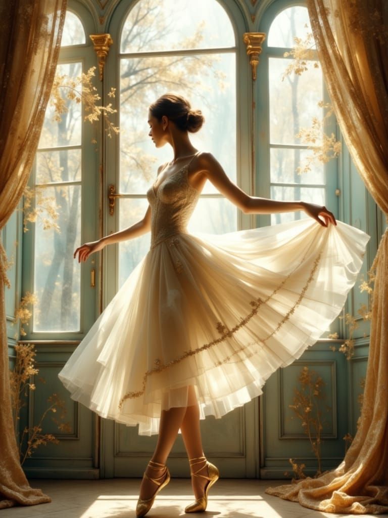 Ballerina in Développé Pose, Dreamy Soft-Focus Atmosphere