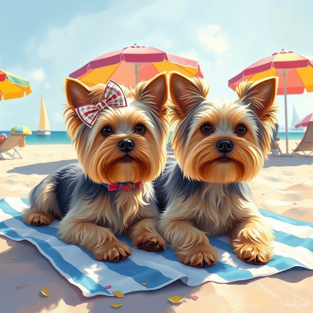 Yorkshire Terriers Relax on a Seaside Afternoon