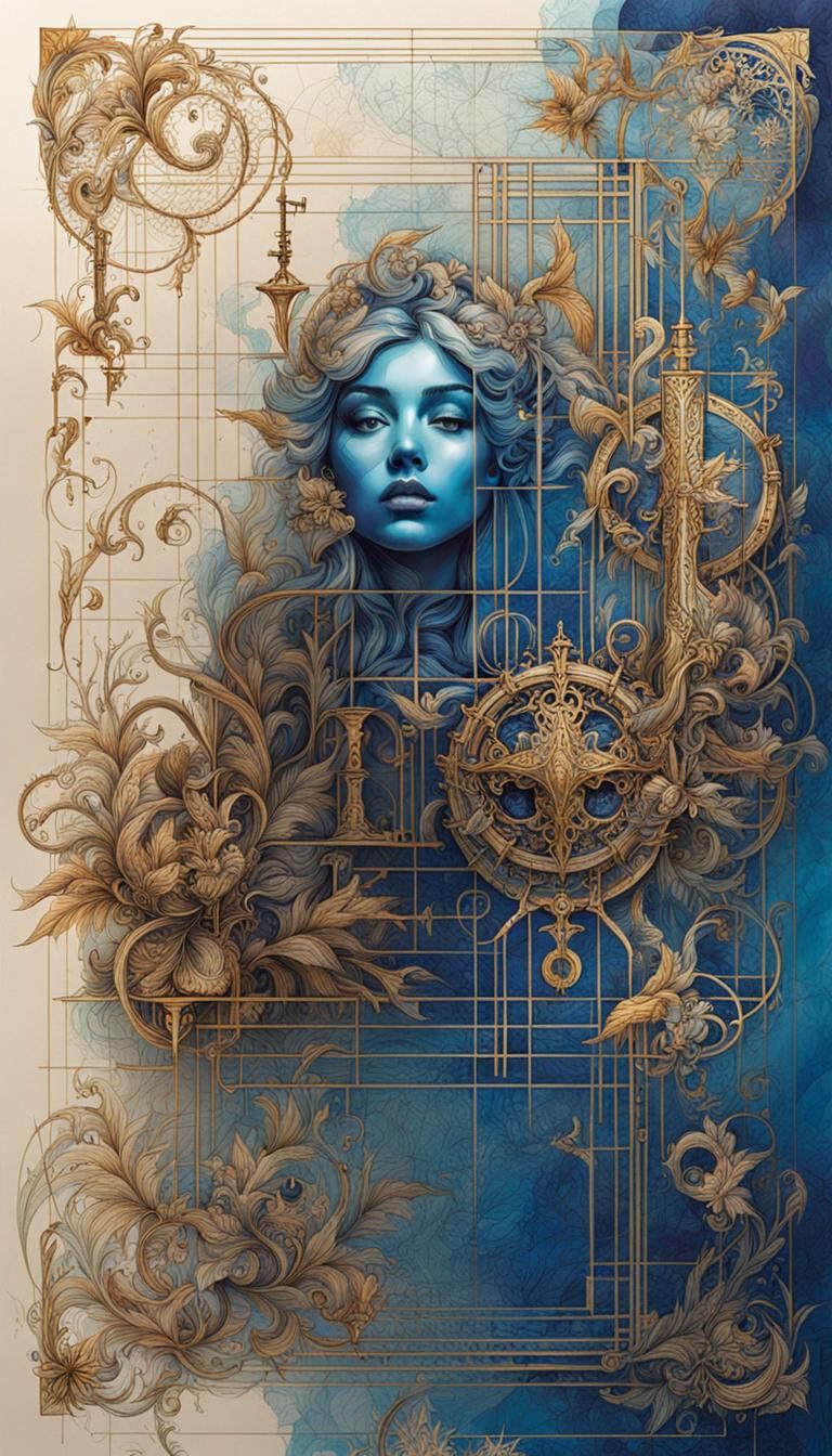 Ornate Blueprint Grid with Brass Key