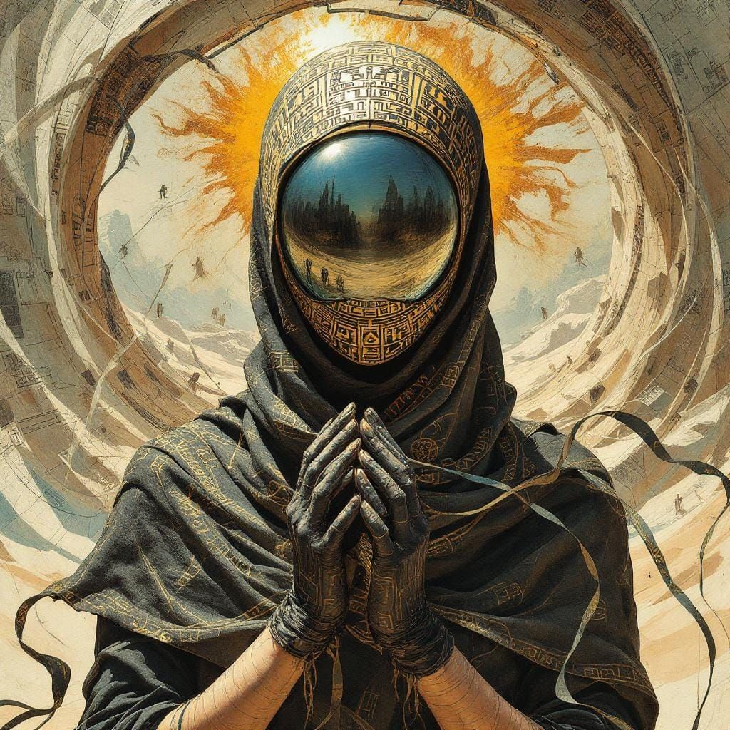 Masked Woman with Mirrored Mask in Surreal Style