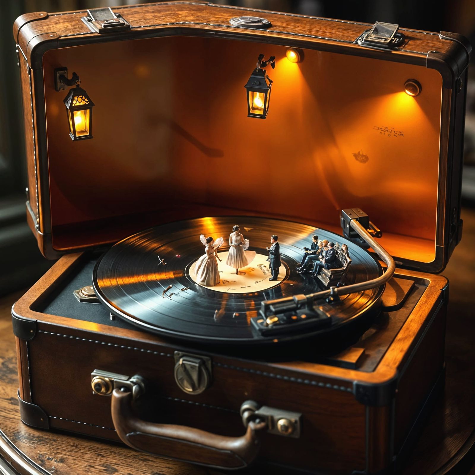 Surrealistic Scene on a Rotating Vinyl Record in a Vintage S...