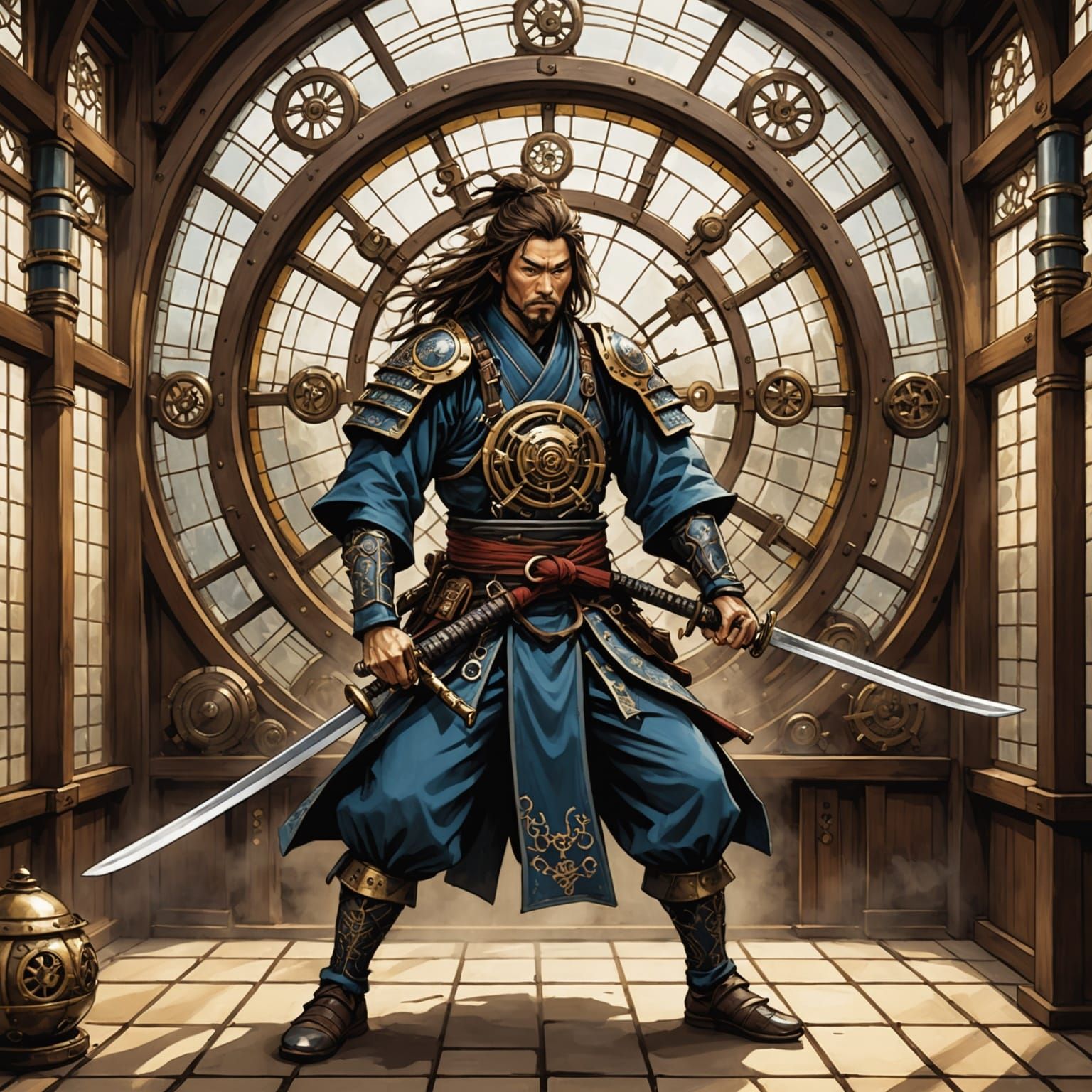 Steampunk Samurai in Gear-Powered Dojo, Steampunk Fantasy Ar...