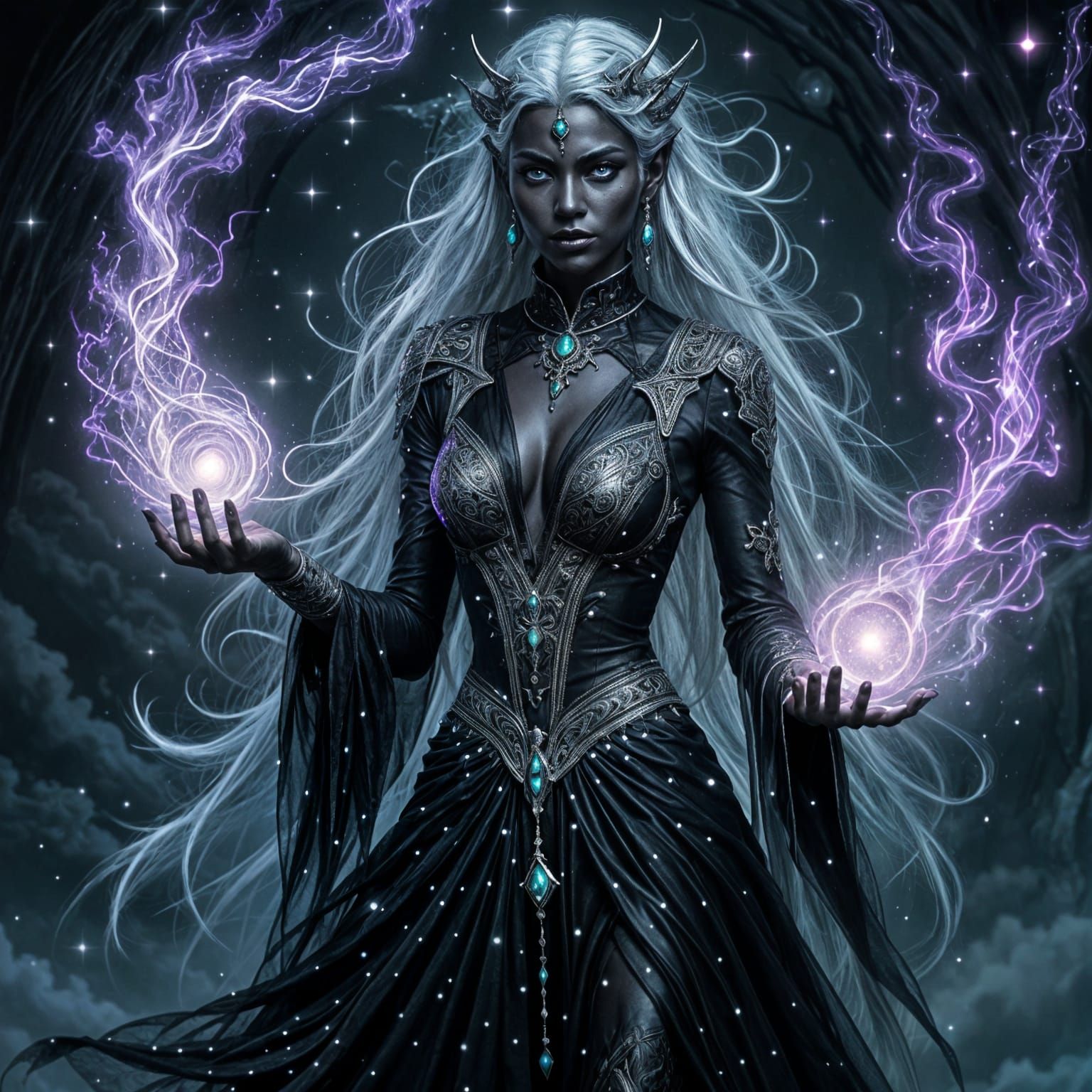Drow Sorceress Casting Cosmic Magic