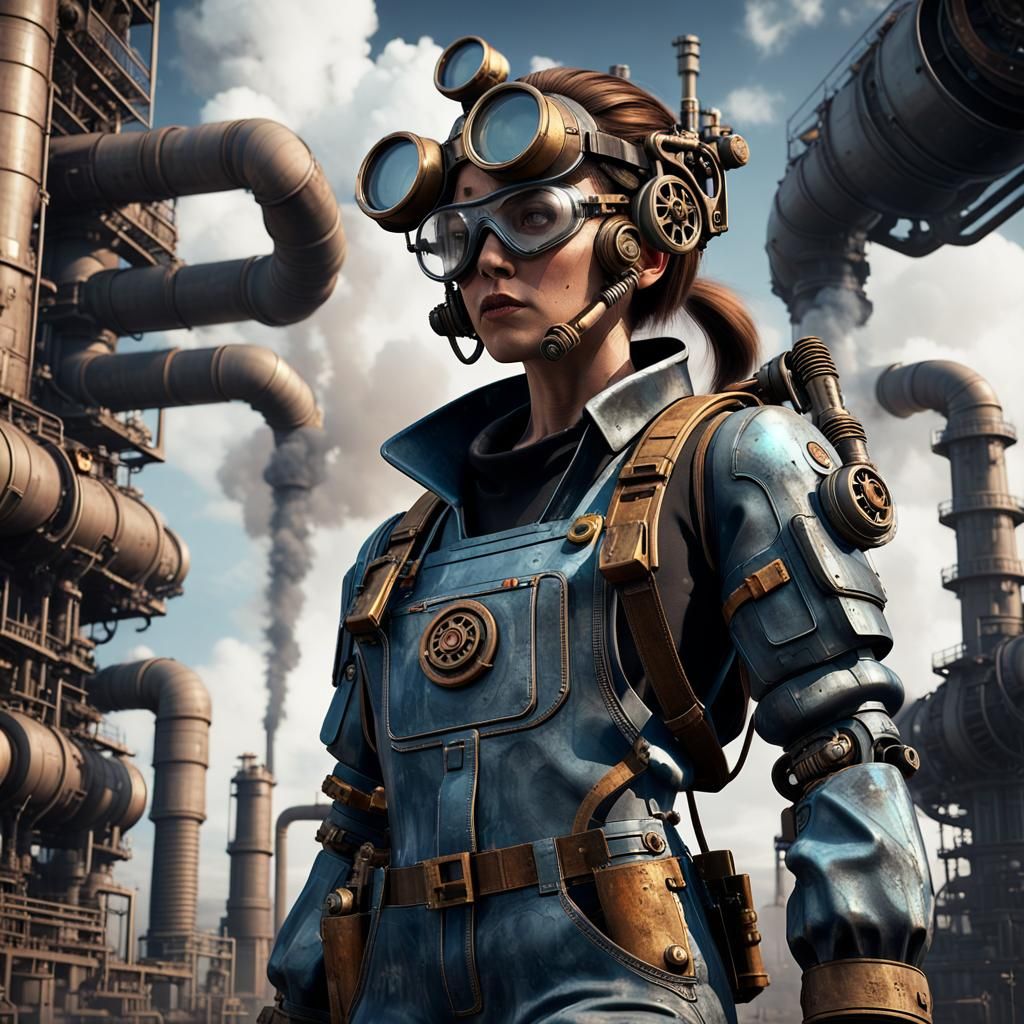 Steampunk Robot and Engineer in Industrial Age