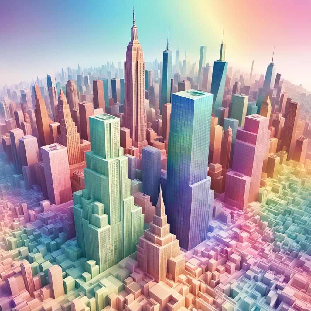 New York Skyline with Pastel Rainbow in Vector Style