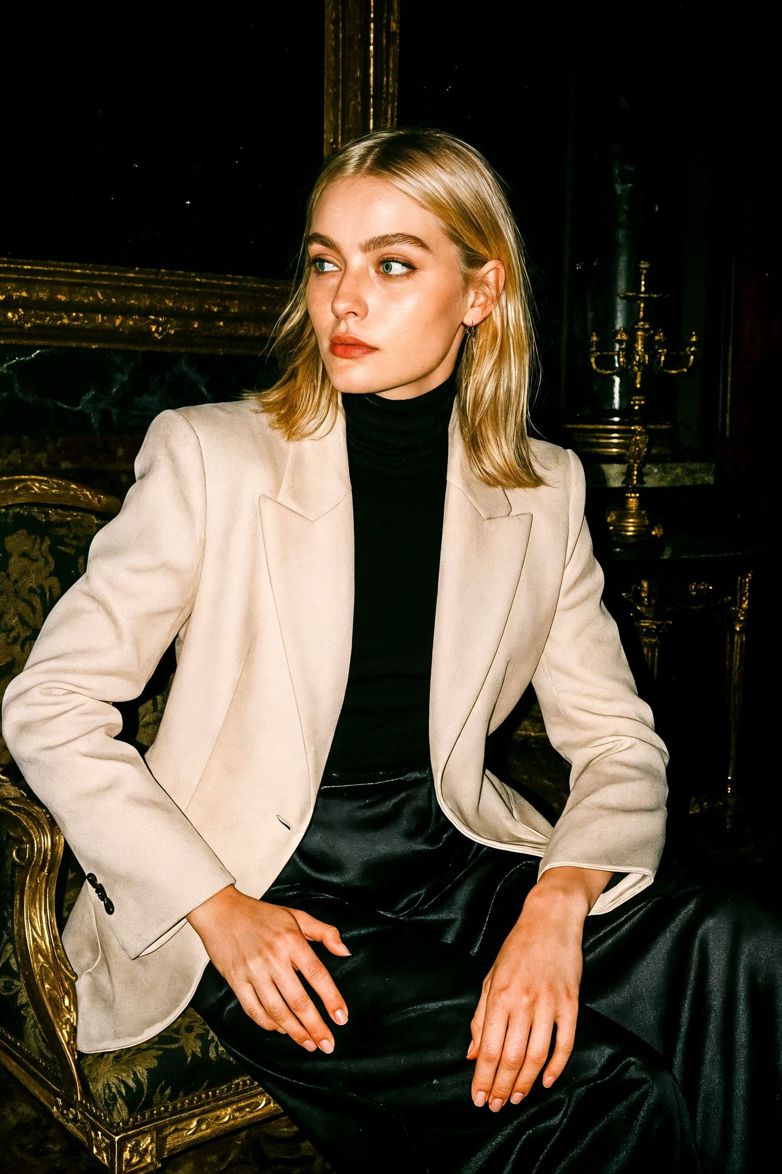 Opulent Green-Eyed Woman in Grungy Analog Photo