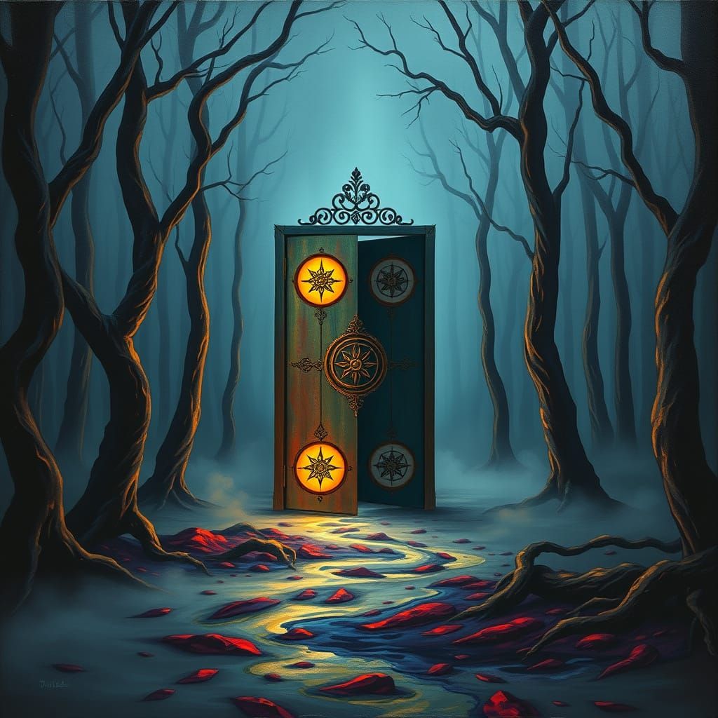 Surreal Glowing Door in Misty Forest, Dali Style