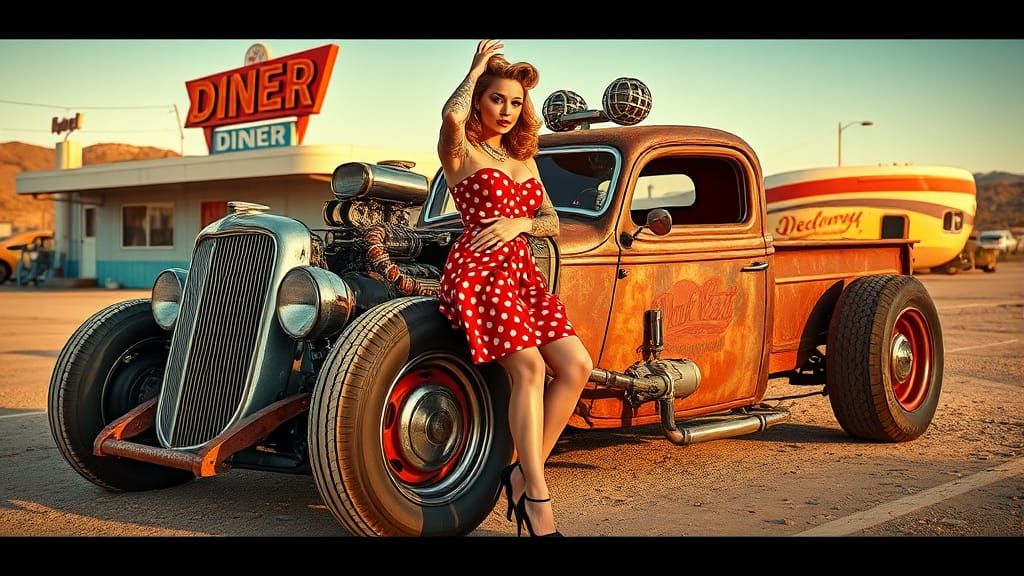 Sultry Pin-Up Girl in Retro Desert Diner Setting