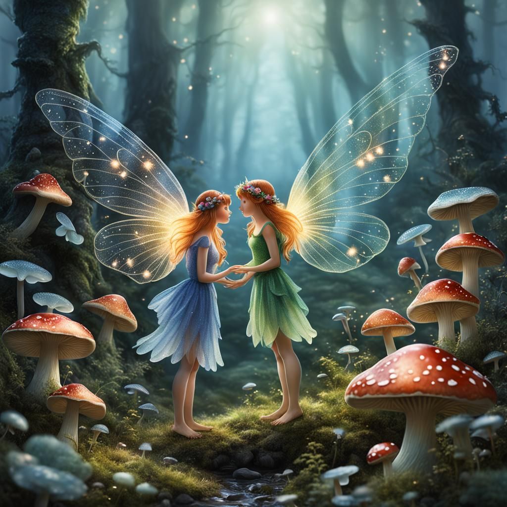 Fairies in love gossamer wings sparkling  sharing mushrooms detailed fantastical
