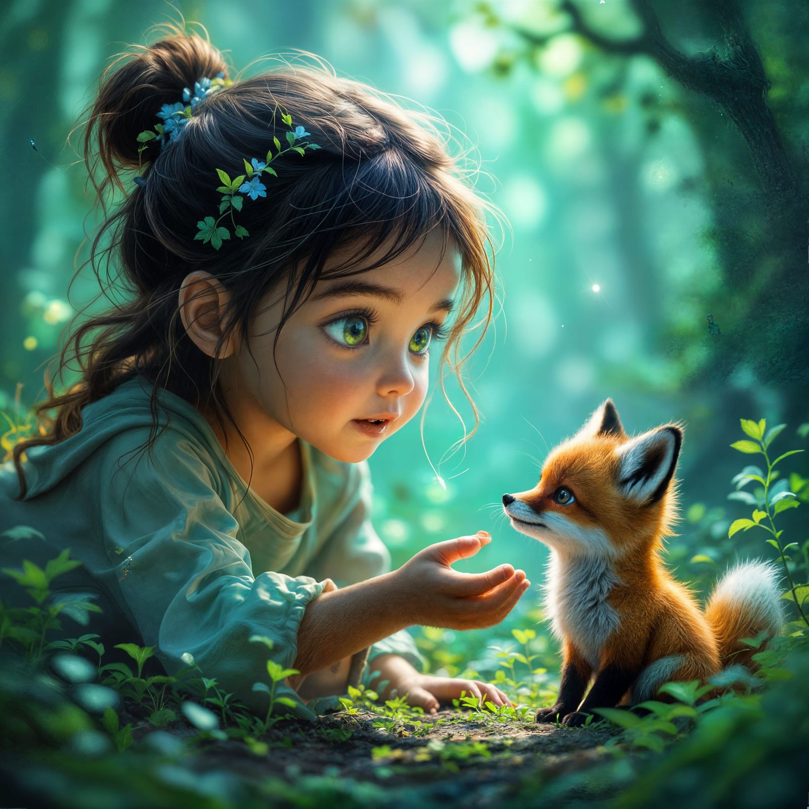 Young Girl and Fox in Vibrant Fantasy Forest