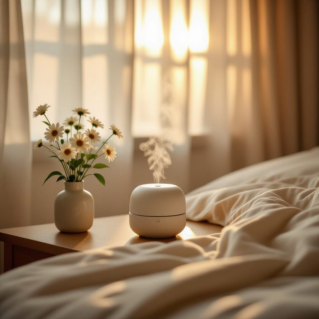 Serene Morning Diffuser with Soft Light and Flowers