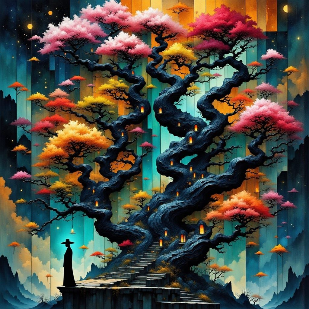Surreal, Cubist Sakura Tree with Lanterns in Biomechanical S...