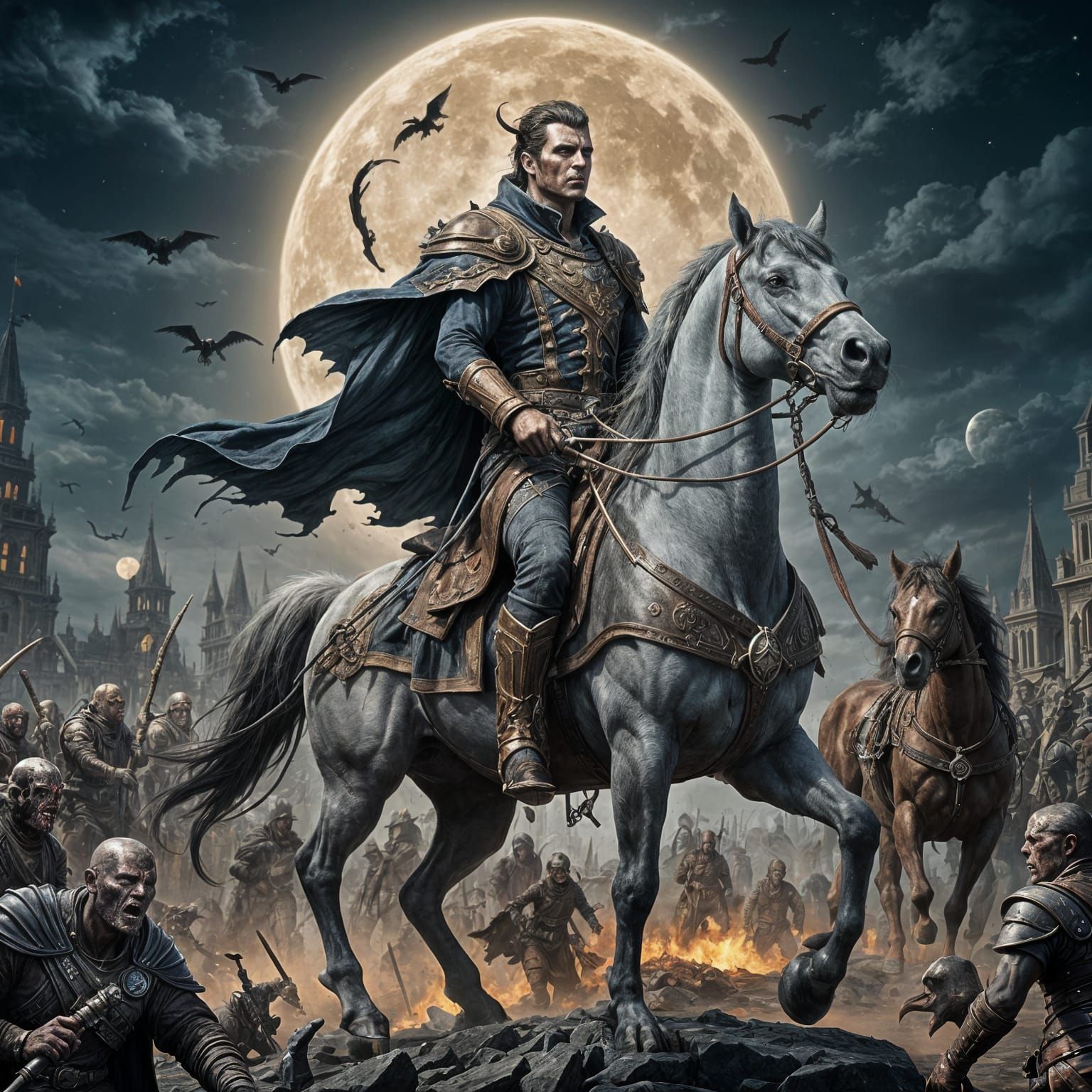 Zombified King Leading Undead Army at Night