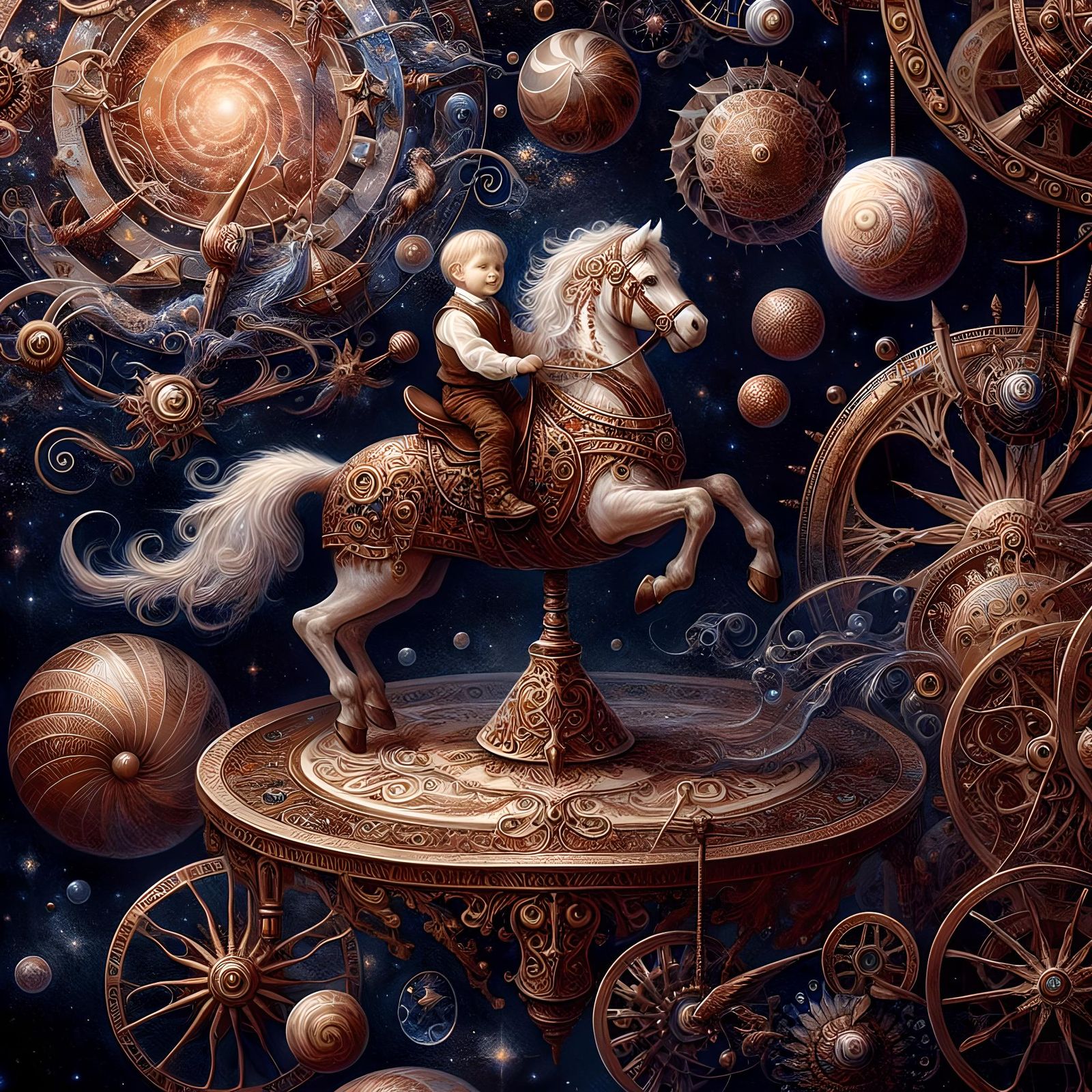 Toddler on Steampunk Carousel Horse in Cosmic Art