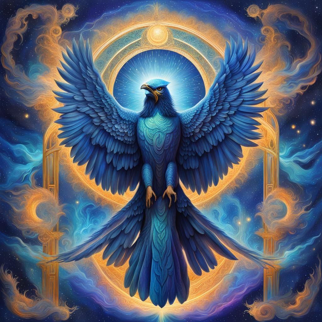 Blue Phoenix in Cosmic Astral Holographic Illustration