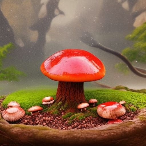 Colorful Mushrooms Growing in Bonsai Slab