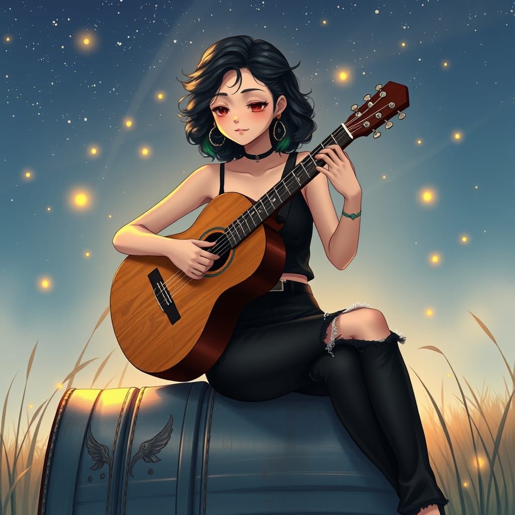 Anime-Inspired Emo Woman Plays Guitar Under Starry Night Sky