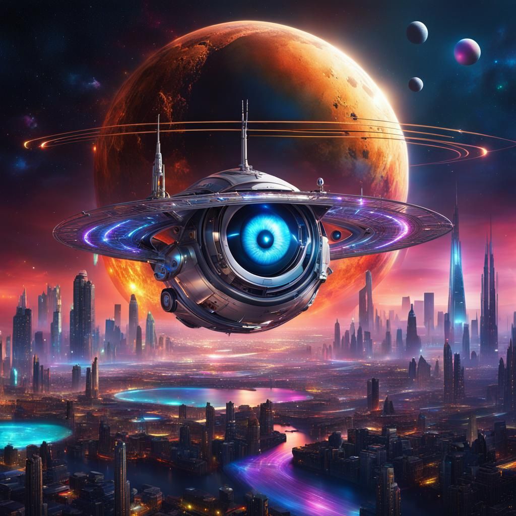 Futuristic Cosmic Eye Spacecraft by Pablo Amaringo Style