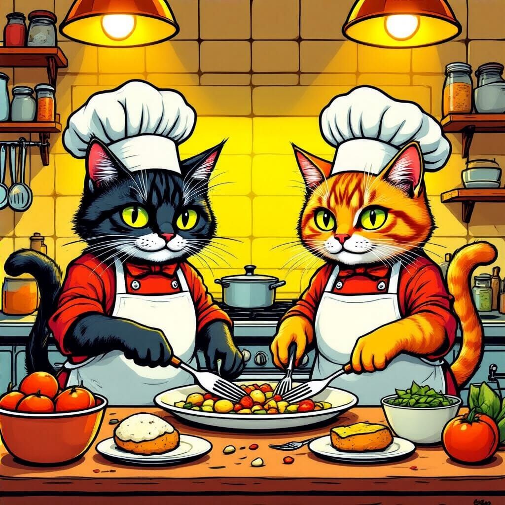 Cats as Chef Culinary Masters in Comic Book Style