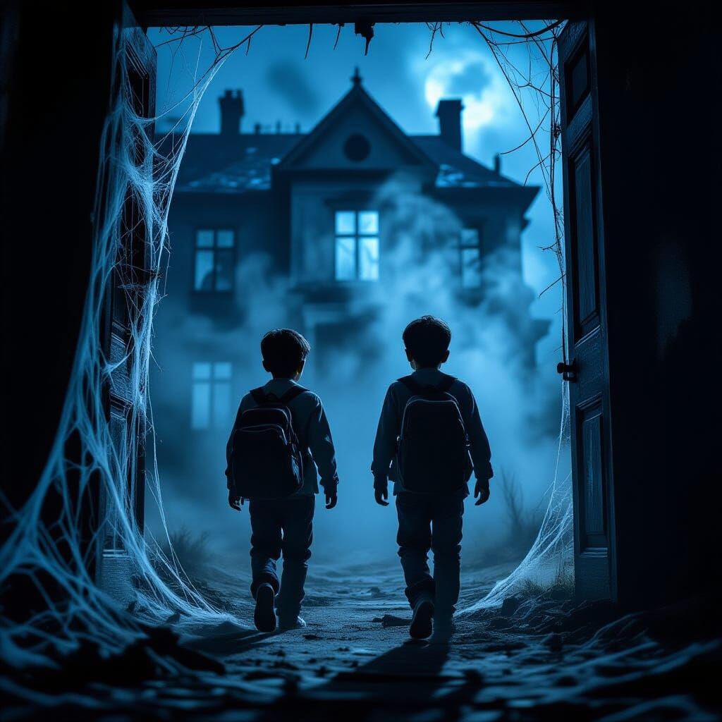Scared Boys Enter Haunted Mansion at Midnight