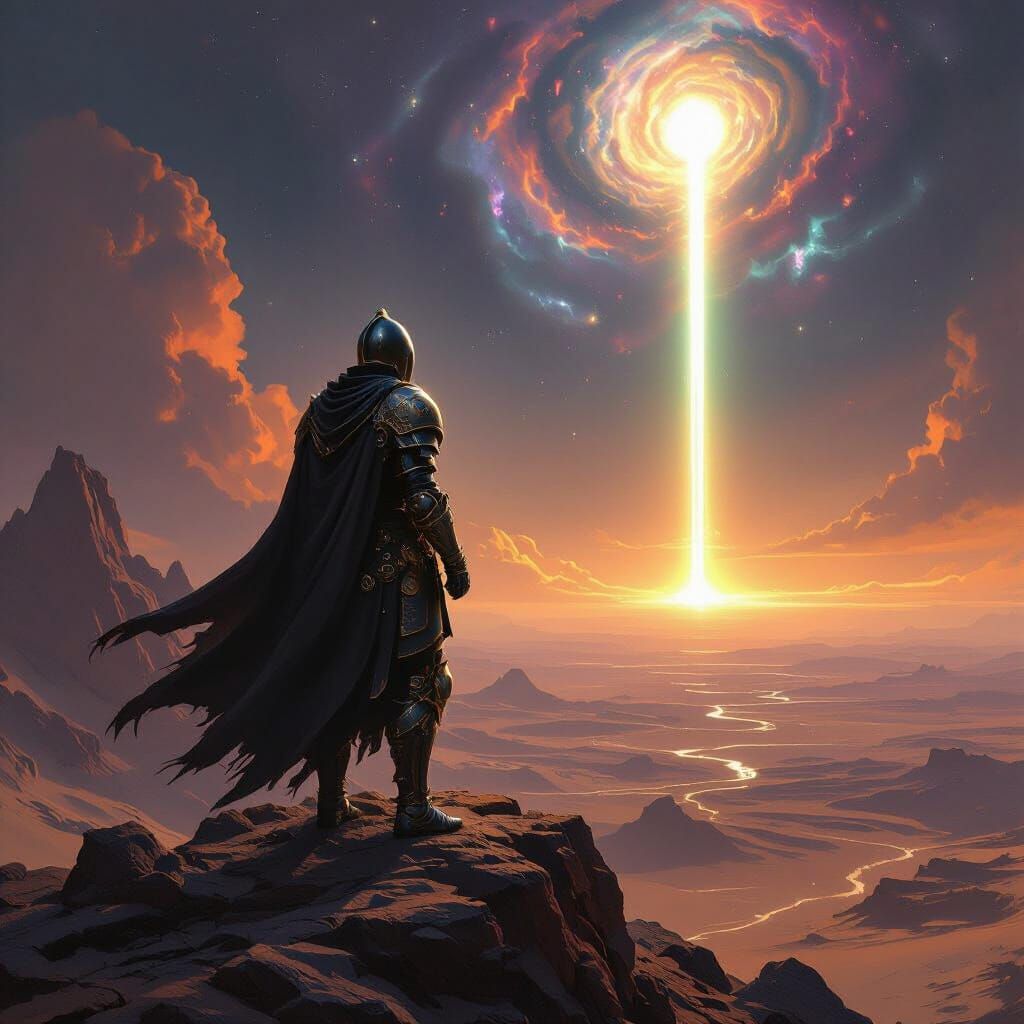 Armored Warrior on Mountain Peak Overlooking Alien Desert