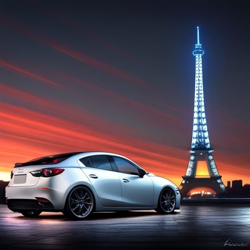 Mazda 3 Sedan and Eiffel Tower in Anime Style