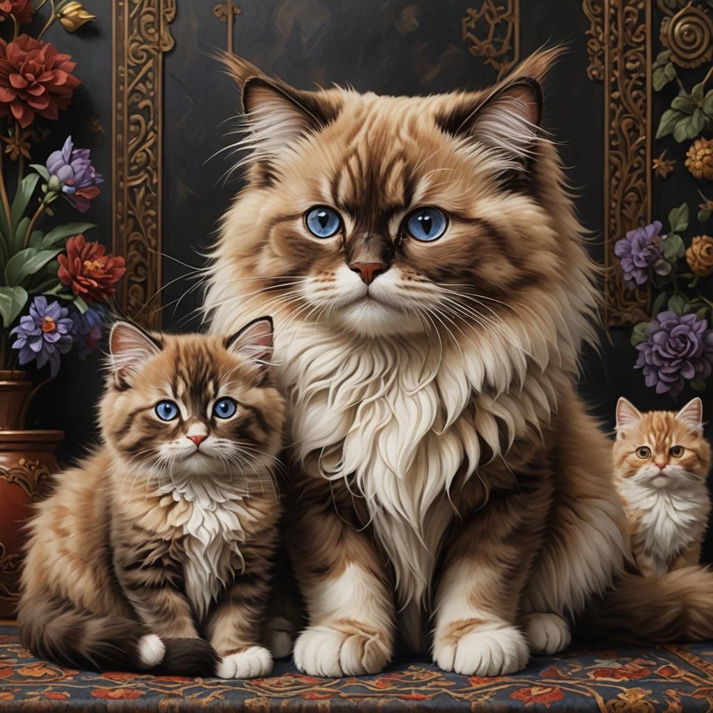Ragdoll Cat and Kitten Portrait in Eric Dowdle Style